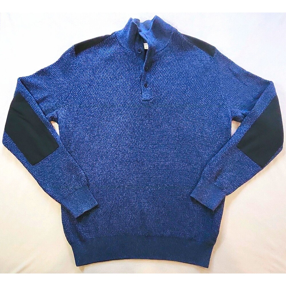 Calvin Klein Men's Blue Cotton Knit Mock Neck Pullover Sweater L Elbow Patch